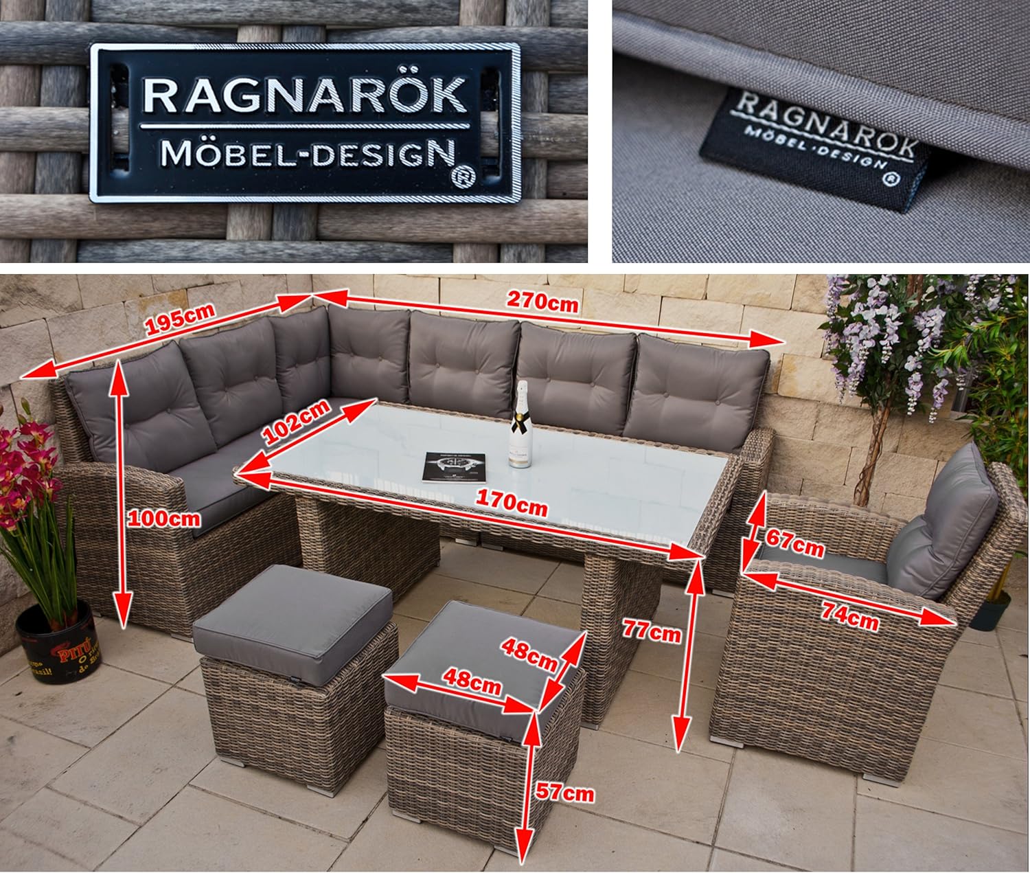 hohe Dining Lounge - DEUTSCHE Hersteller - 8 Jahre GARANTIE - EIGENE Produktion - PolyRattan Gartenmöbel Essgruppe Sessel Naturfarben Rundrattan Grau