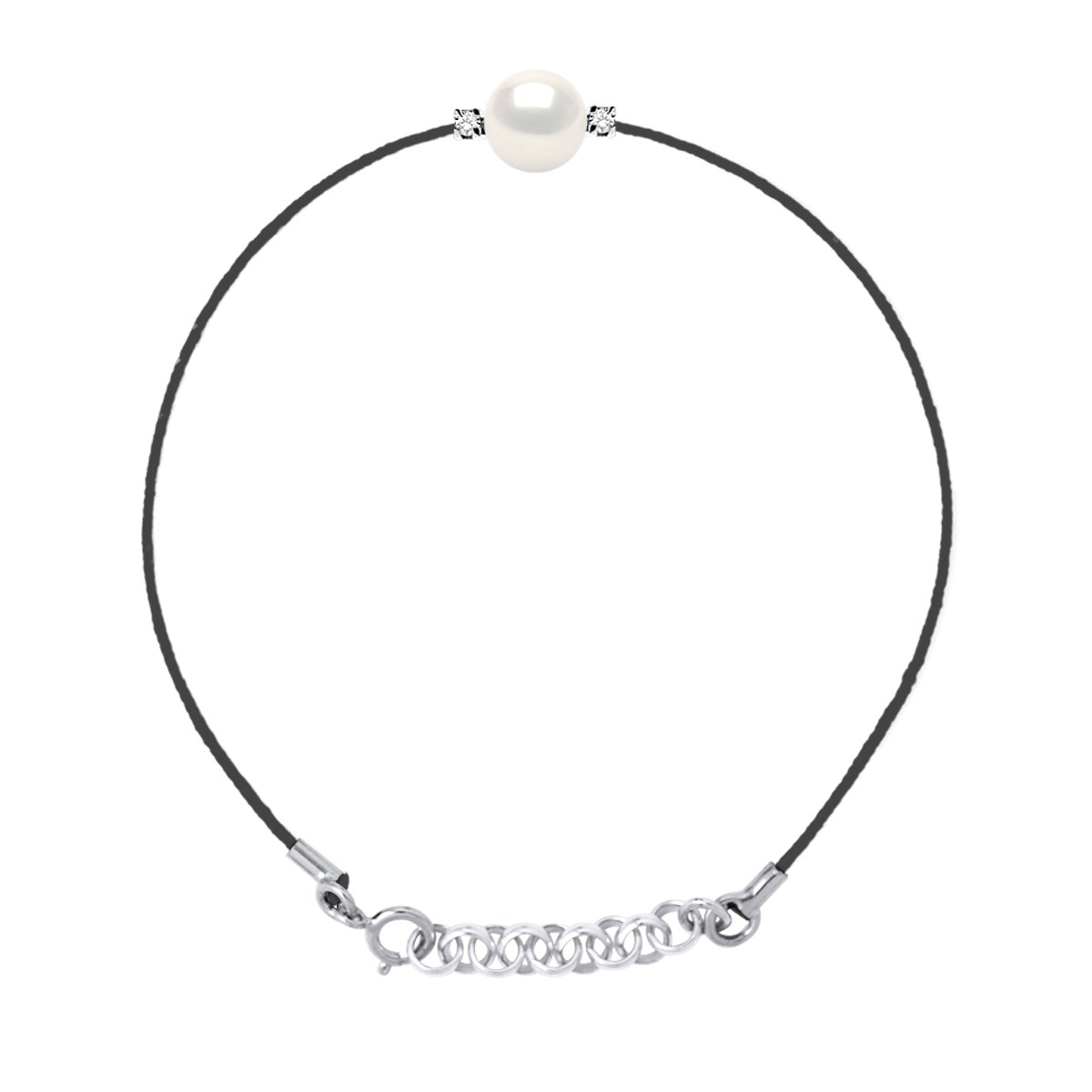 Bracelet Diamant Naturel 0,060 Cts et Perle de Culture Ronde 8-9 mm  Nylon Noir Argent 925
