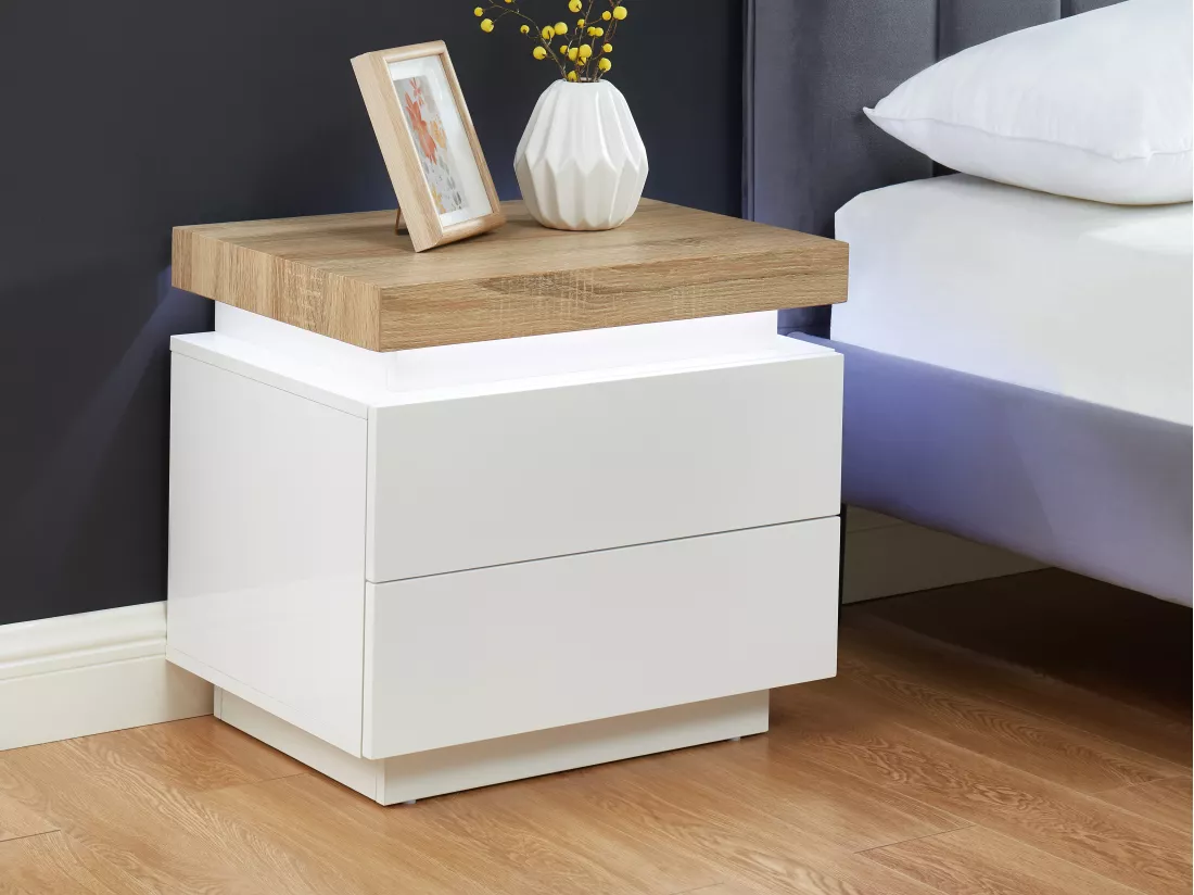 Lot de 2 tables de chevet - 2 tiroirs - MDF Laqué - Avec LEDs - Coloris : Blanc et chêne - HALO II