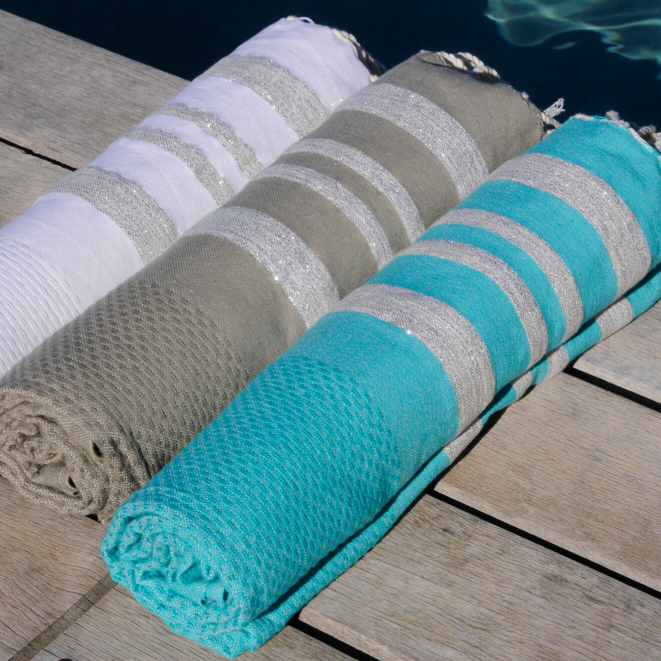 Febronie Fouta Nid d'abeille Hamptons Lurex turquoise/argenté - 100x200 cm