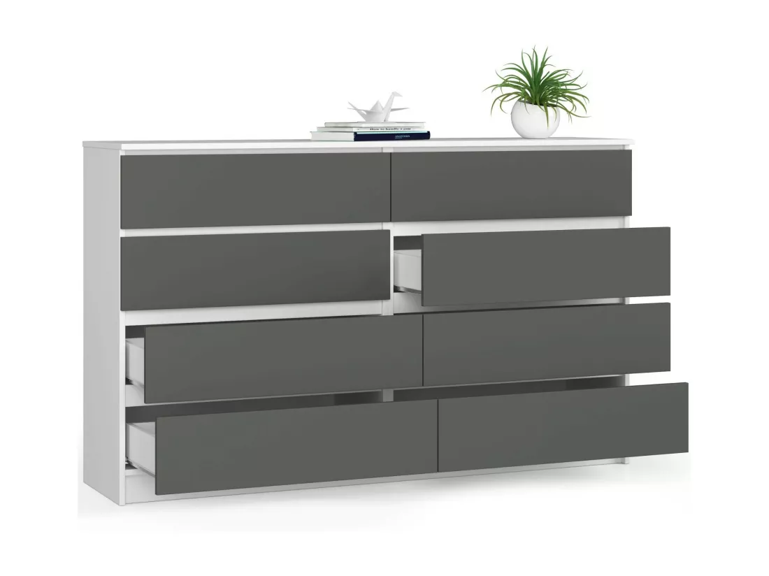 Grande Commode pour le salon AKORD K160 Blanche 160 cm 8 tiroirs façade Gris Graphite 160x40x99 cm