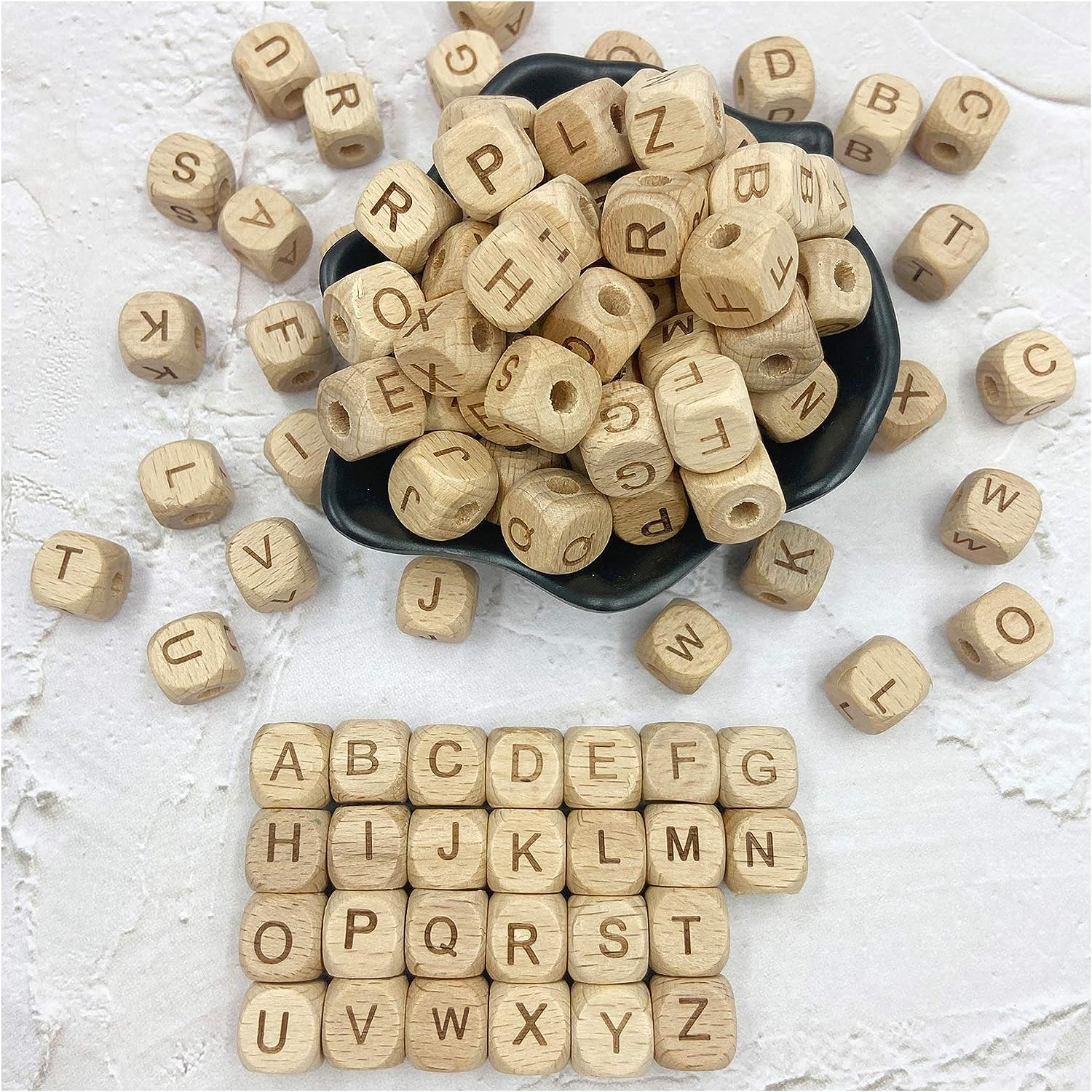 (26er Set) 12mm Holz Buchstaben Perlen DIY Bastel Schmuck Zwischenperle für Armband / Kette - Braun