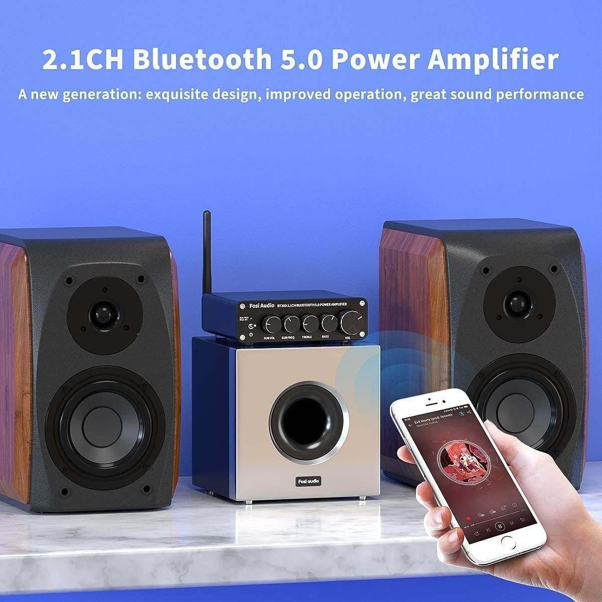 Fosi Audio BT30D Bluetooth 5.0 Stereo Audio Mottaker Forsterker 2.1 Kanal Mini Hi-Fi Klasse D Integrert Amp 2X50 Watt