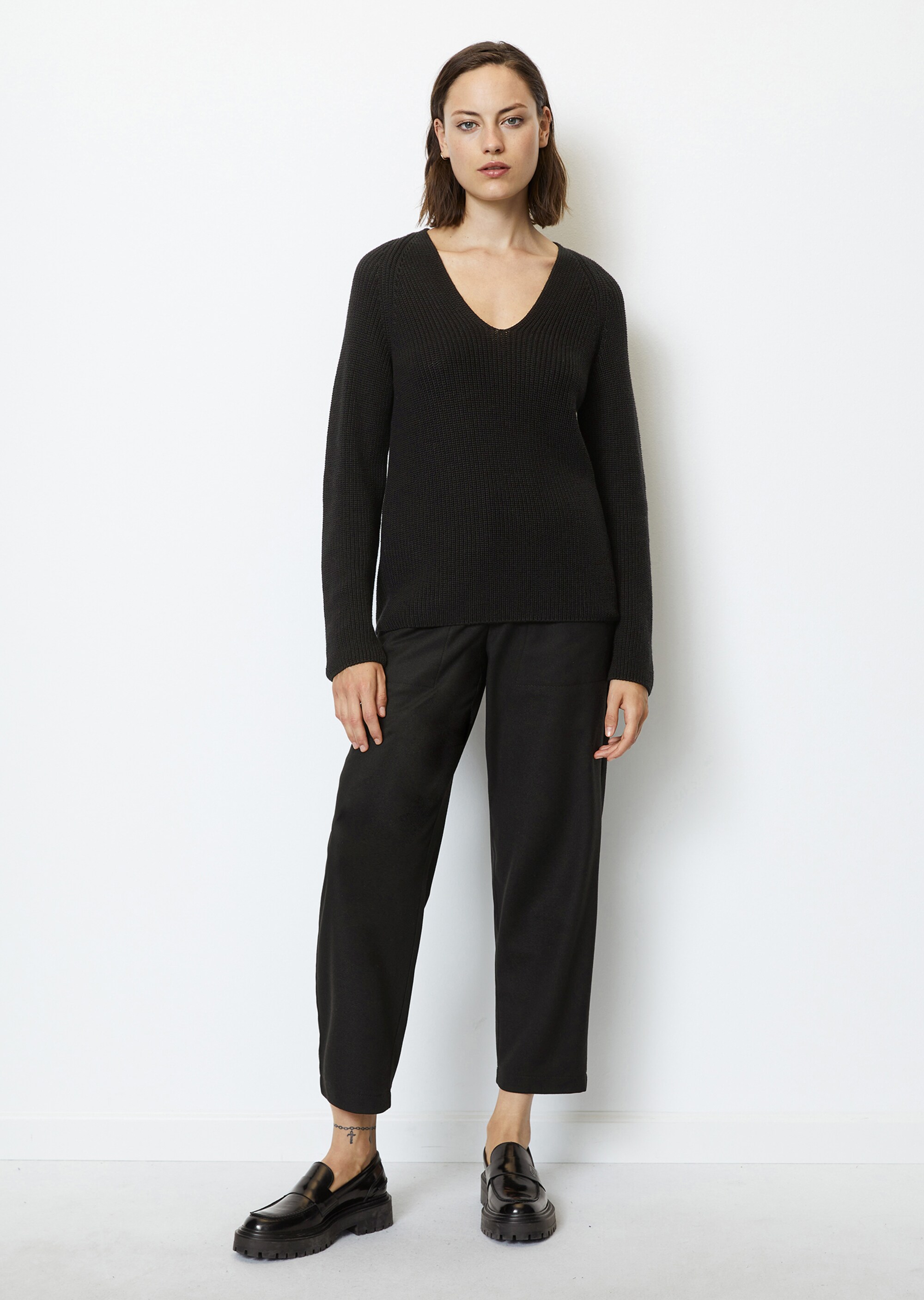 V-Neck-Strickpullover relaxedaus schwerem Baumwoll-Garn