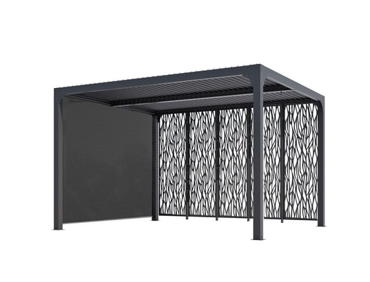 HABRITA - Pergola bioclimatique + rideau manuel côté + panneaux moucha...