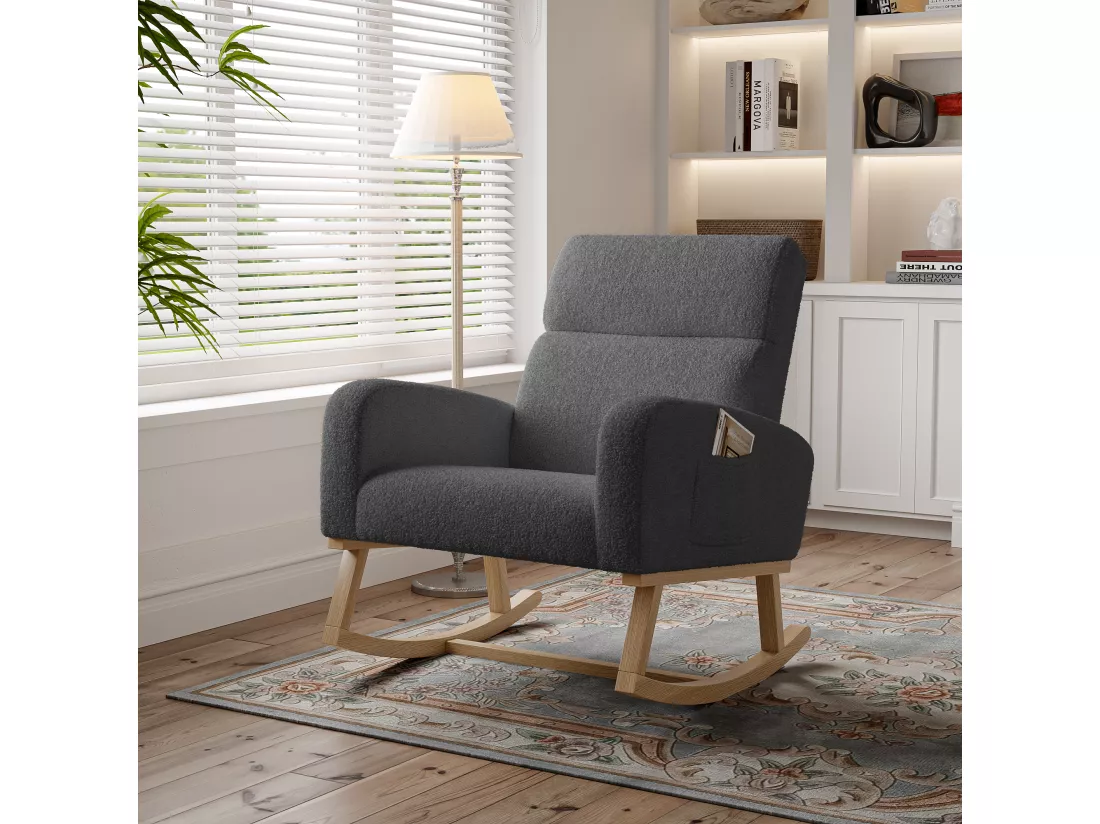 Fauteuil à bascule, avec accoudoirs, , dossier incliné, pieds en bois massif, - Gris foncé