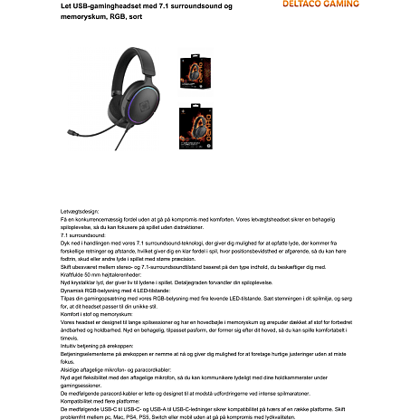Deltaco Gaming DH430 7.1 gaming headset - sort