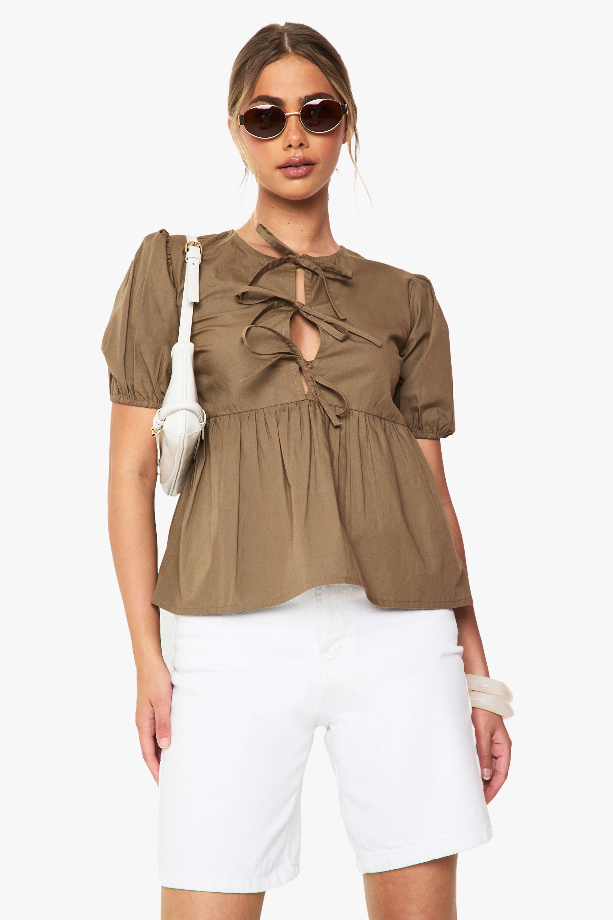 boohoo Top smock en popeline de coton à nouer à l'avant