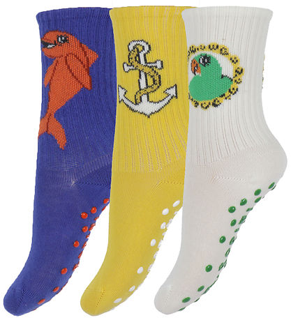Mini Rodini Strømper - Anti Slip - 3-pak - Dolphin - Blå/Gul/Hvi