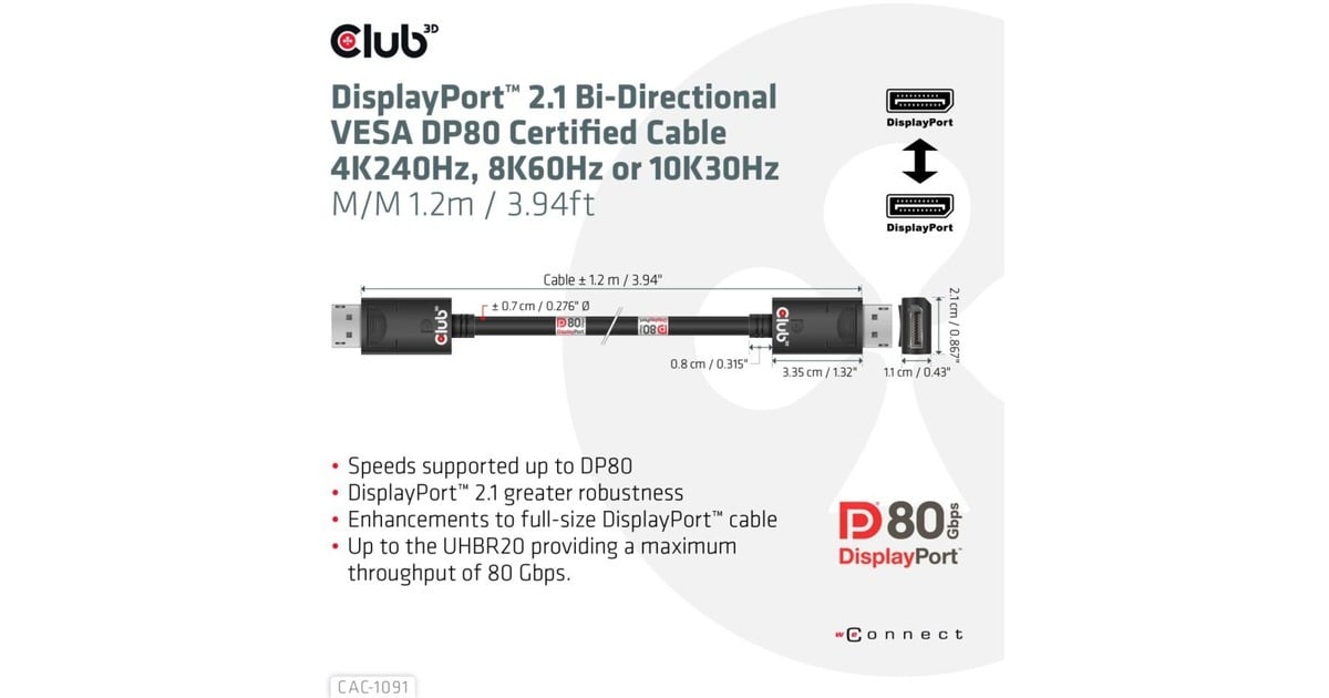 Club 3DDisplayPort 2.1 Bi-Directional VESA DP80 Certified Kabel 4K 240 Hz  (Zwart, 1,2 meter)