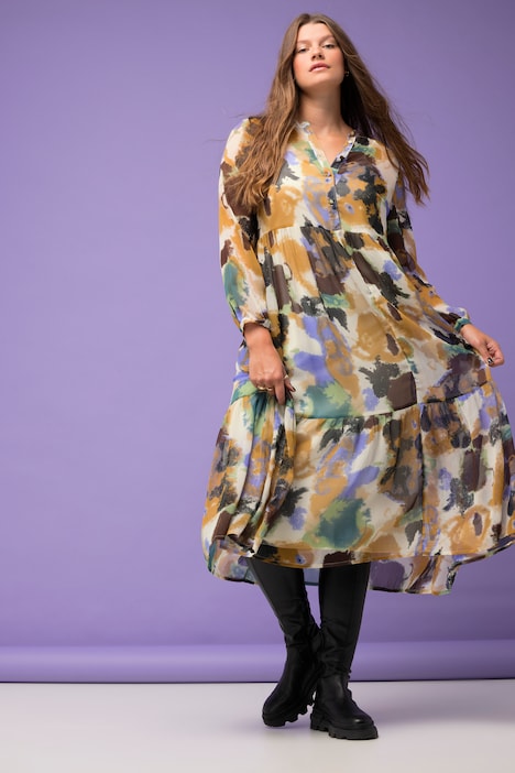 Maxikleid, A-Line, doppellagig, Batik Print, Langarm