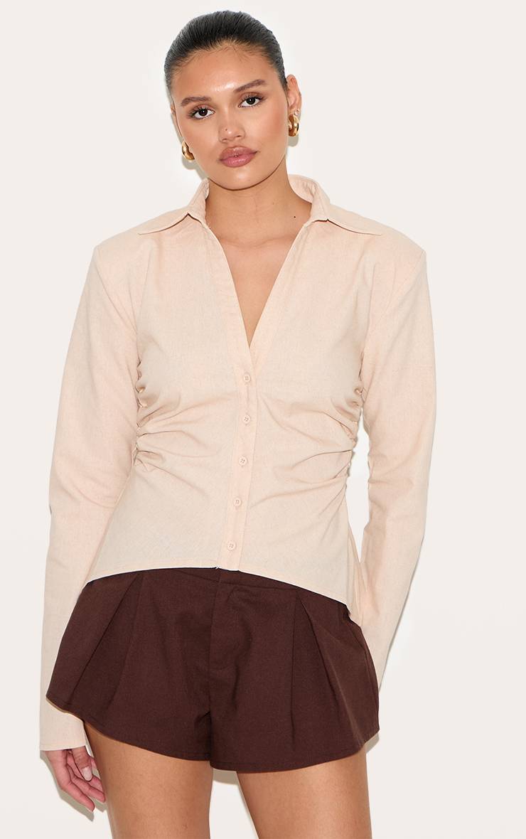 Beige Chemise Ajustée En Mélange De Lin Avec Épaulettes