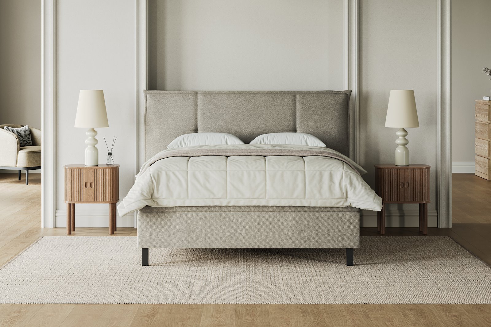 XOV Premium 15 Kontinentalseng 160x200 cm i tekstil coco 80 grå, medium/fast med Premium 15 overmadrass og sort firkantede ben, gavl selges separate
