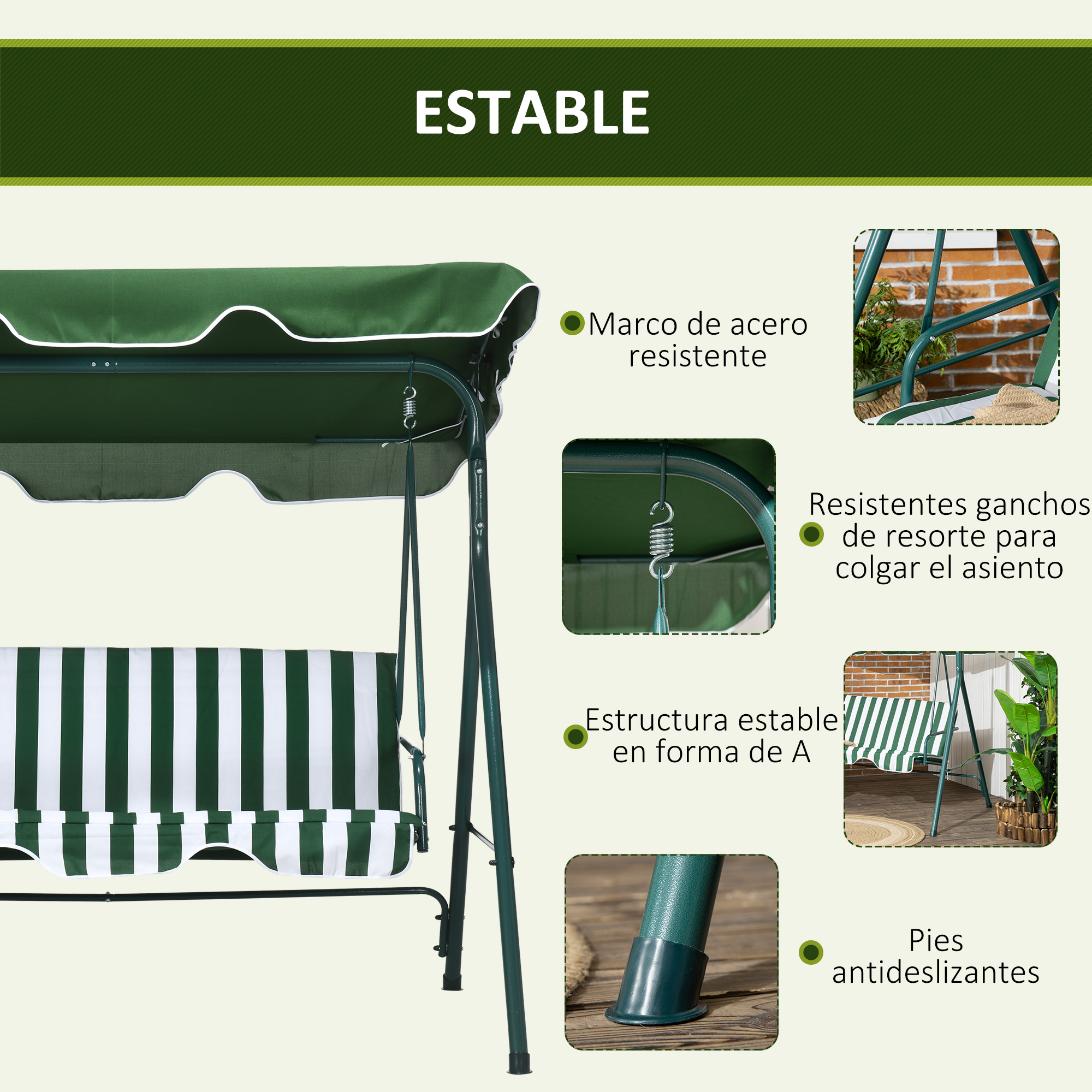 Cadeira de balanço de jardim Outsunny para 3 pessoas com almofada, cobertura ajustável e estrutura de aço para varanda, terraço e pátio, carga máxima de 240 kg, 172 x 110 x 153 cm, listrada verde.