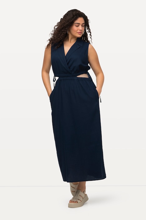 Maxikleid, Leinenmix, A-Linie, Reverskragen, ärmellos