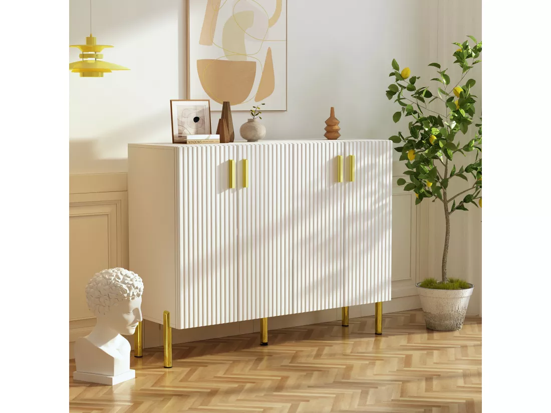 Buffet moderne armoire de rangement en Blanc poignée et pieds en métal 4 portes Chambre Salon 120x41x95cm