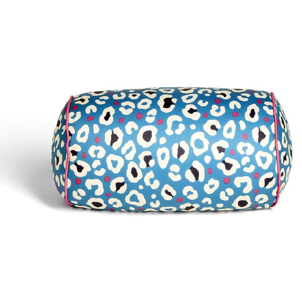 Coussin de plage microbilles imprimé léopard bleu Ø18x30cm