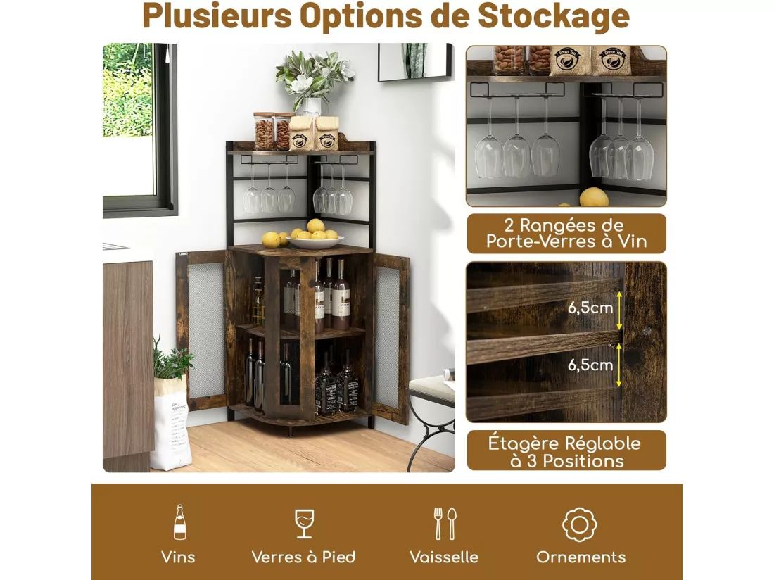 Buffet Cuisine Industriel, Armoire d’Angle, Étagère Réglable, Meuble Bar avec Porte-Verres, Placard à Porte en Maille Métallique, Kit Anti-basculement Inclus, 46 x 46 x 130 CM (Marron Rustique)