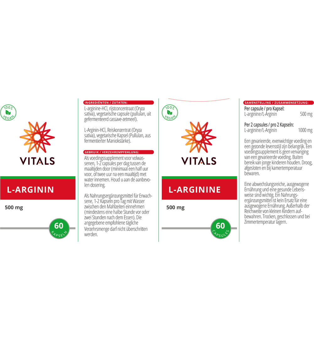 Vitals L-arginine 500 mg (60 vega capsules)