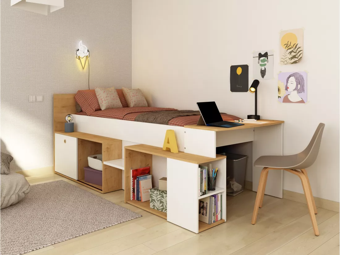 Lit combiné 90 x 200 cm avec bureau et rangements - Blanc et naturel + Sommier - PALOMA