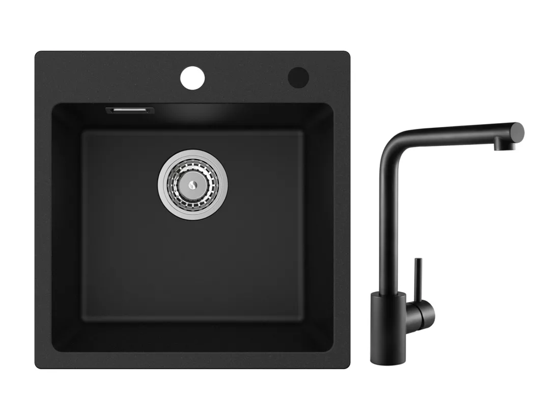 Cecipa MAX Evier 1 Bac en Quartz et Résine Noir 45x45cm Evier à Encastrer + Mitigeur de Evier Noir Rrotatif à 360 °