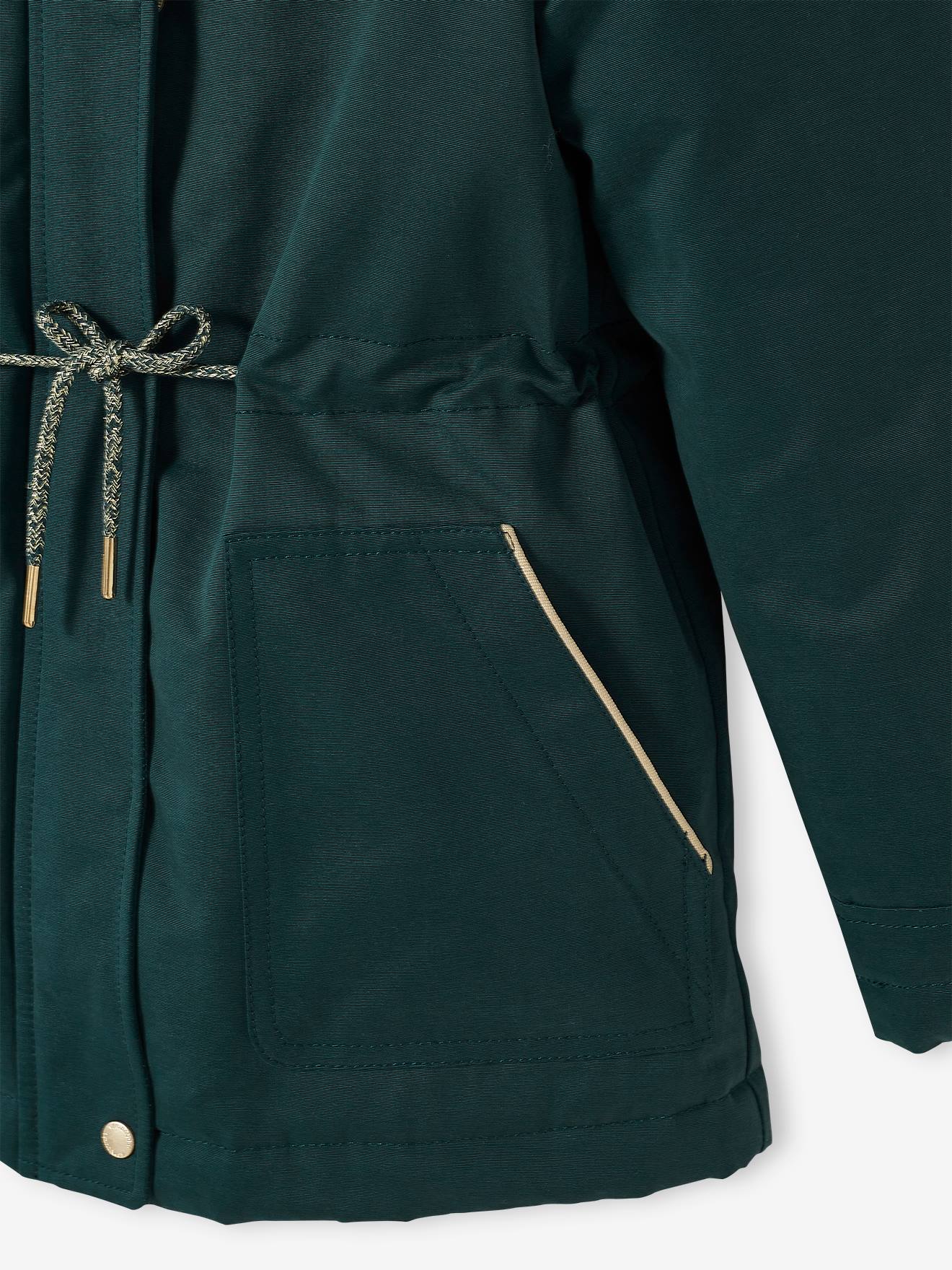Parka com capuz 3 em 1, verde-escura lisa para meninas