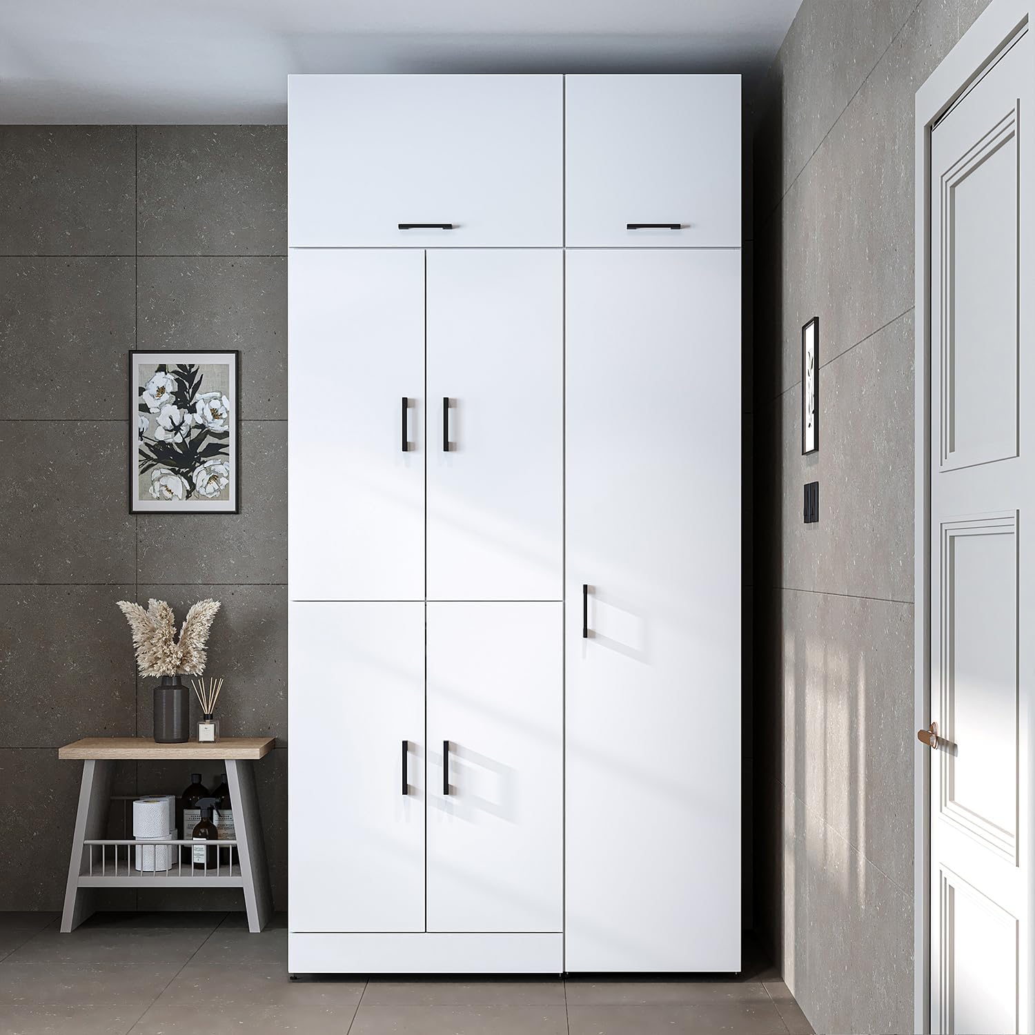 ROOMART Dora - Armoire de machine à laver - Pour sèche-linge et machine à laver - En 4 couleurs - Avec portes et panneau coulissant - Blanc - Chêne blanc - Chêne anthracite - Chêne blanc (chêne blanc)