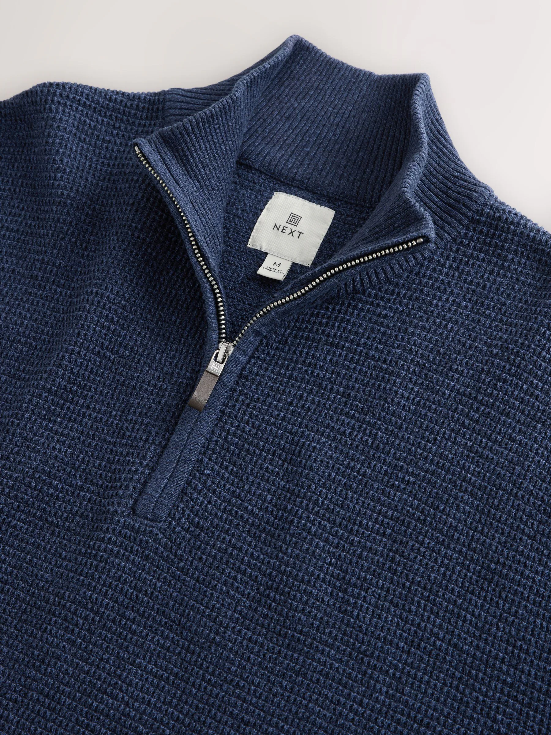 Blauw - Effen - Regular Fit 100% Cotton Textured Premium Quarter Zip Jumper