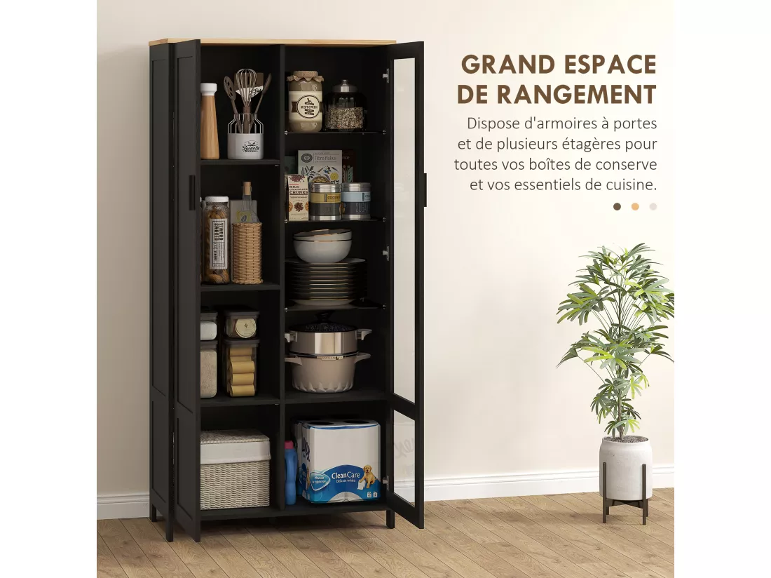Armoire de rangement - 2 portes - 7 étagères - dim. 76L x 36l x 160H cm - noir aspect chêne clair verre