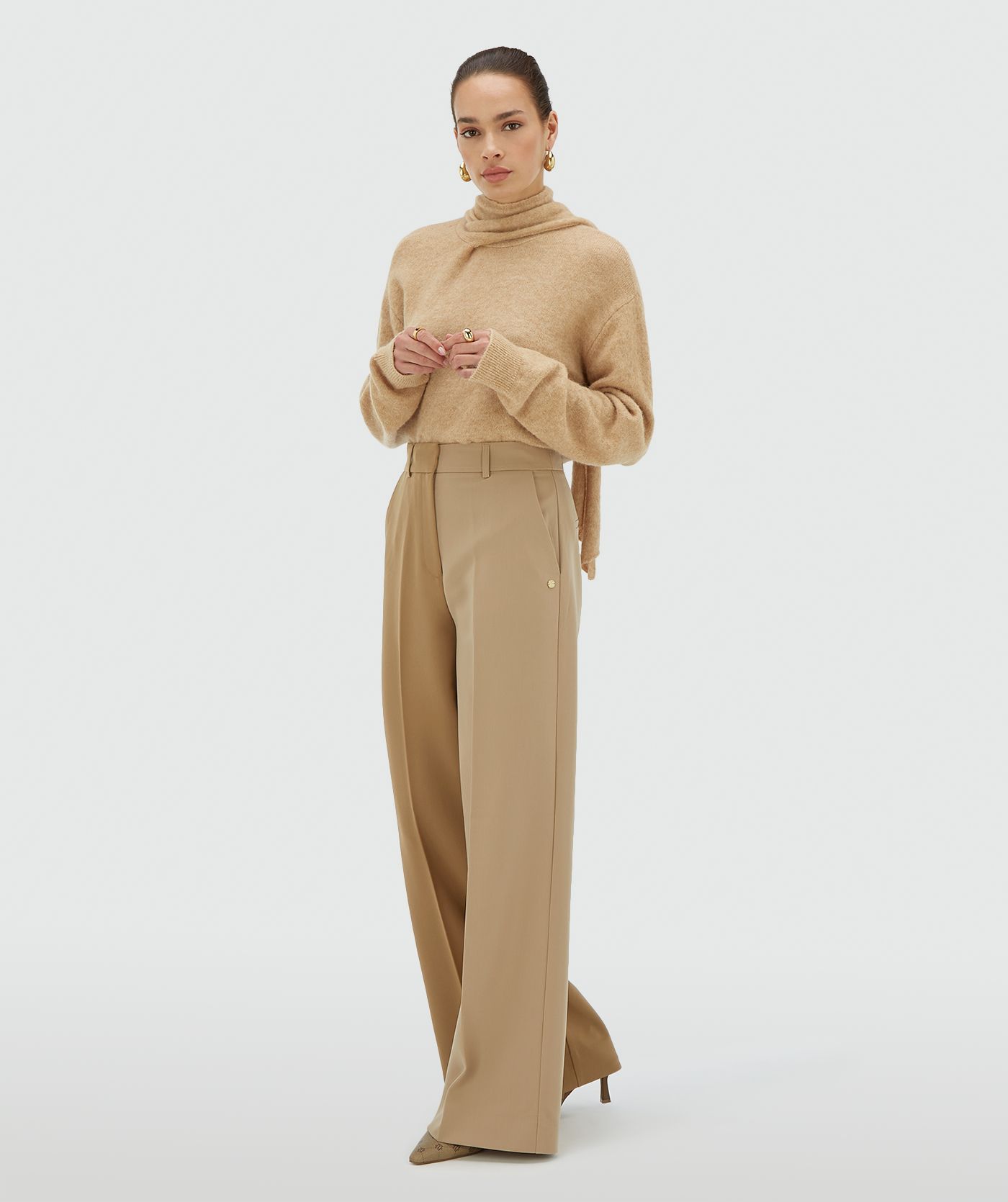 JV-EMMA two-tone mid rise wide leg pantalon - khaki light camel