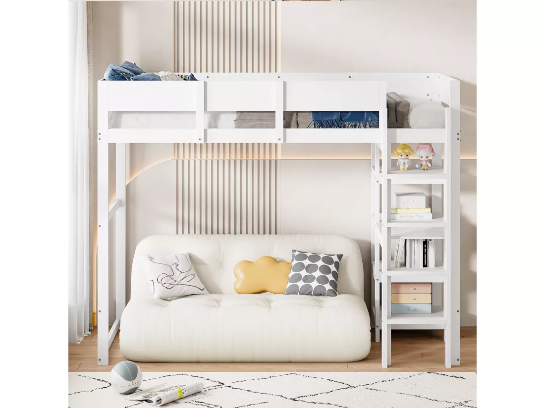 Lit mezzanine 90 x 200 cm avec étagère de rangement pour enfant - bois de pin et MDF - blanc
