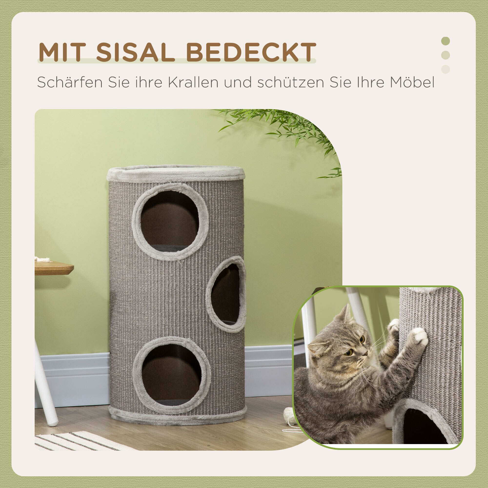 PawHut Kratztonne mit 3 Höhlen grau 38L x 38B x 70H cm