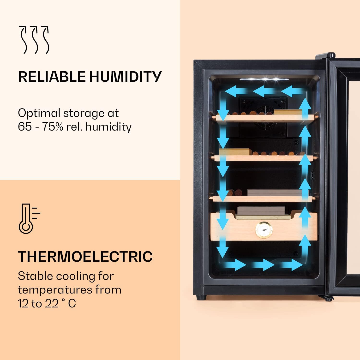 Klarstein El Presidente Zigarren Humidor - thermoelektrischer Humidor Schrank mit Glastür, Humidor Befeuchter mit Einschüben aus Zedernholz, Hygrometer, LED-Innenbeleuchtung, 23 Liter, schwarz