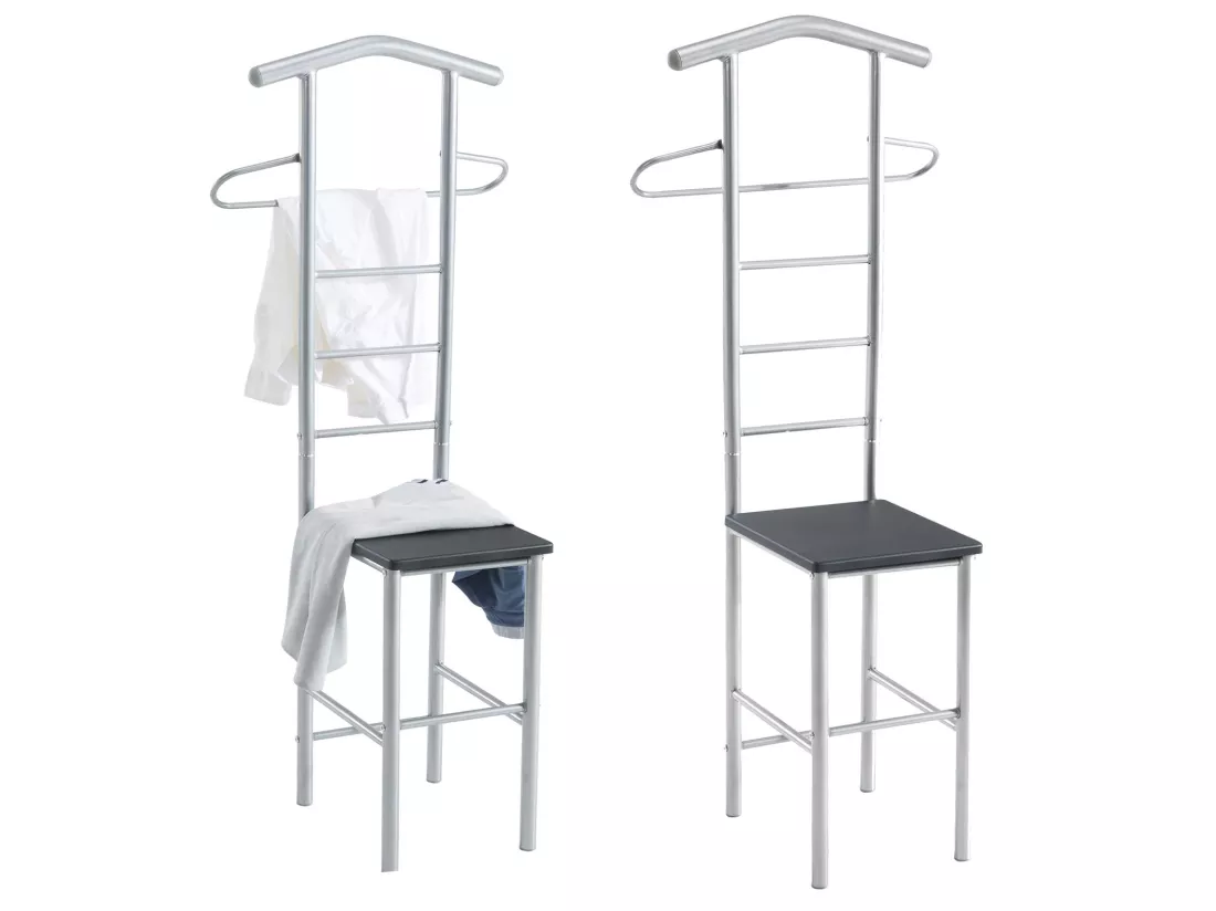 Lot de 2 valets de chambre JIVO chevalets de nuit portants pour vêtements, structure en métal argenté avec tablette en MDF noir mat