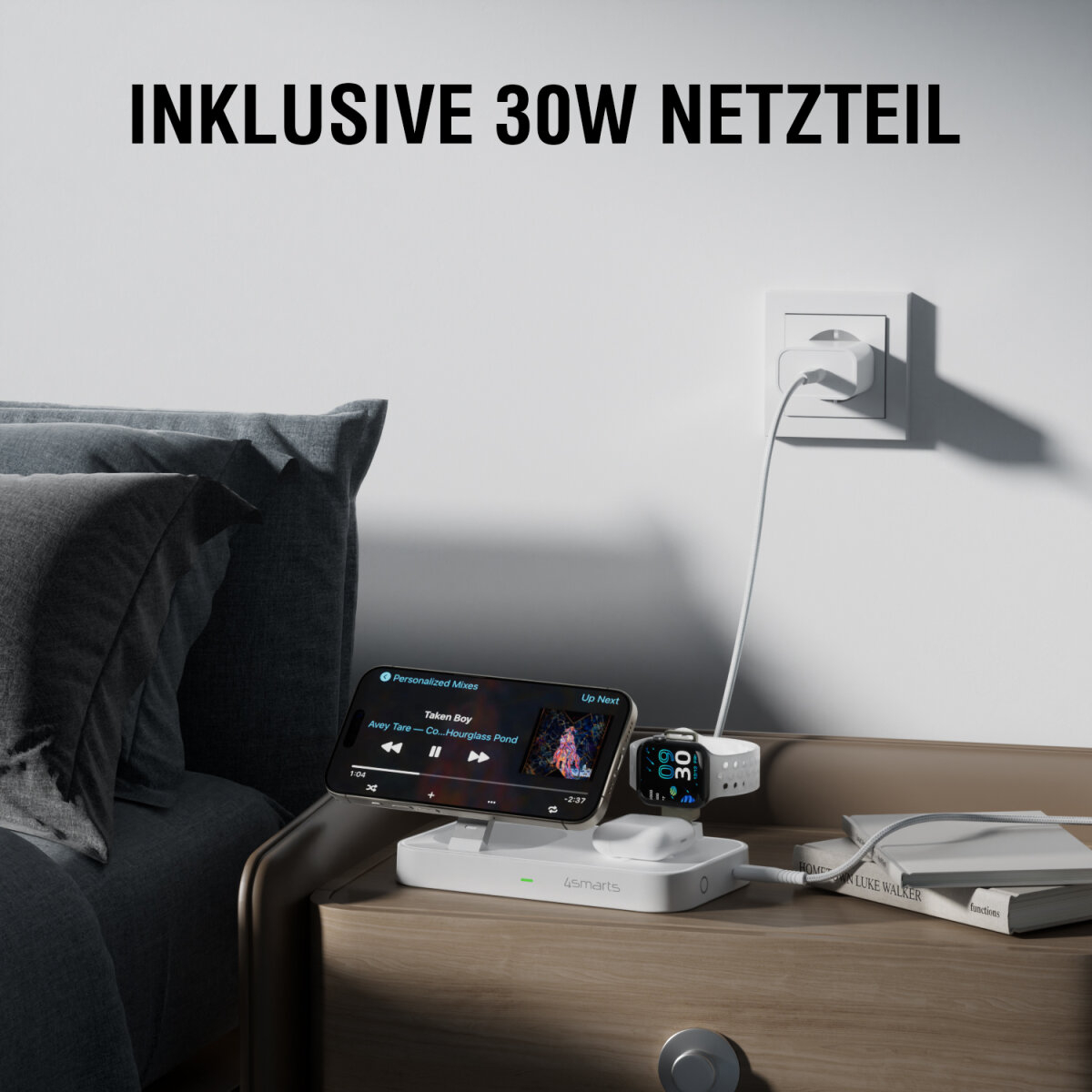 (25W) 3in1 Qi2 Trident MagSafe Wireless Charger Ladegerät inkl. (30W) Netzteil   USB C Kabel (4S540994) - Weiss