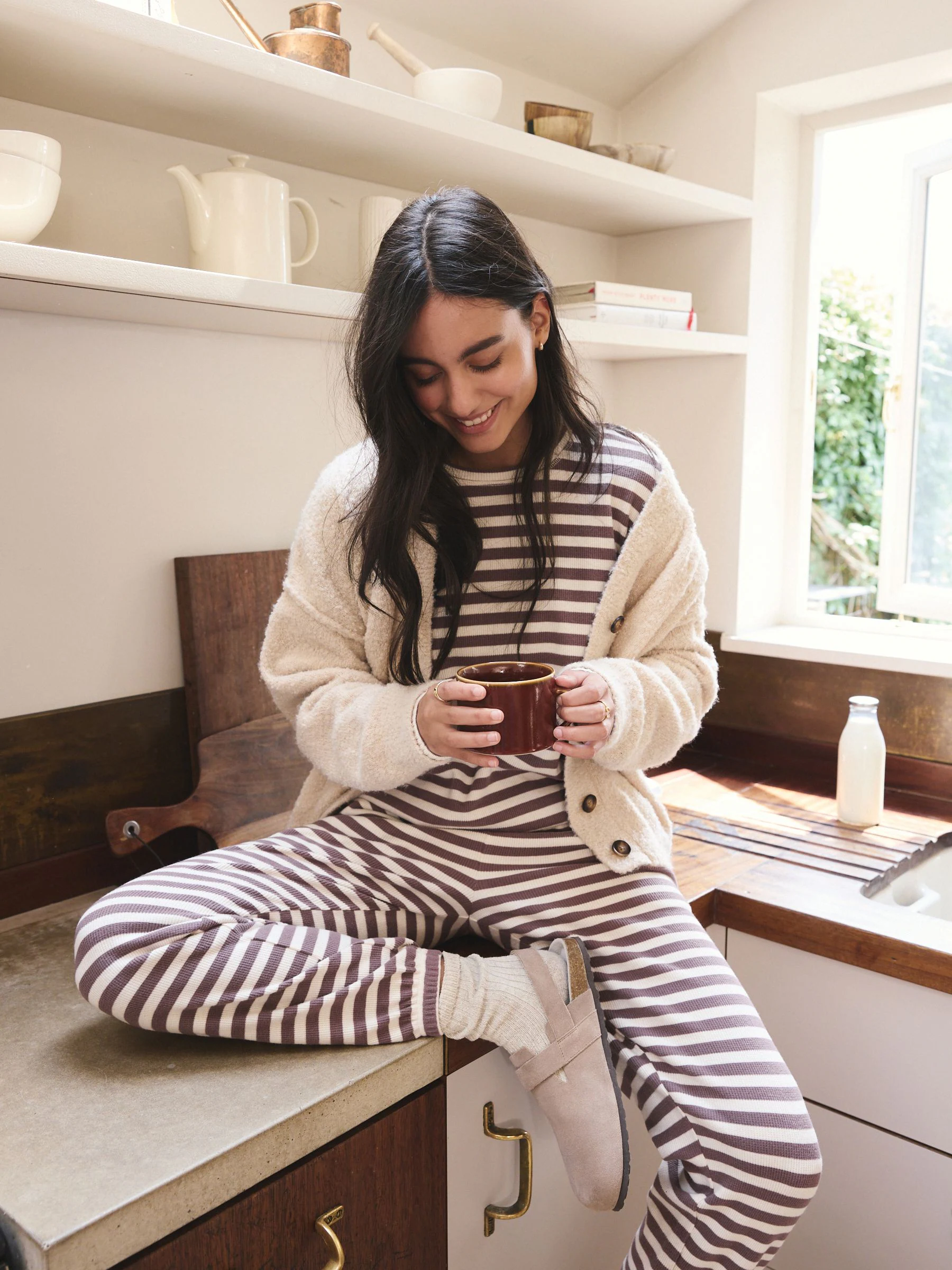 Mokkabruin gestreept - Cosy Waffle Long Sleve Pyjamas 2 Pack