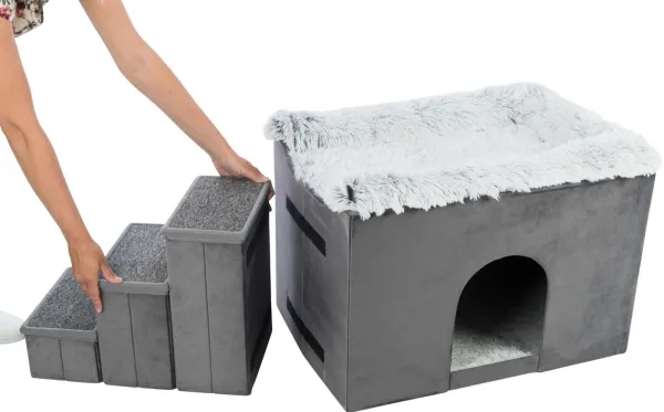 Trixie Harvey cave with steps, 119 × 47 × 50 cm, grey/white-black