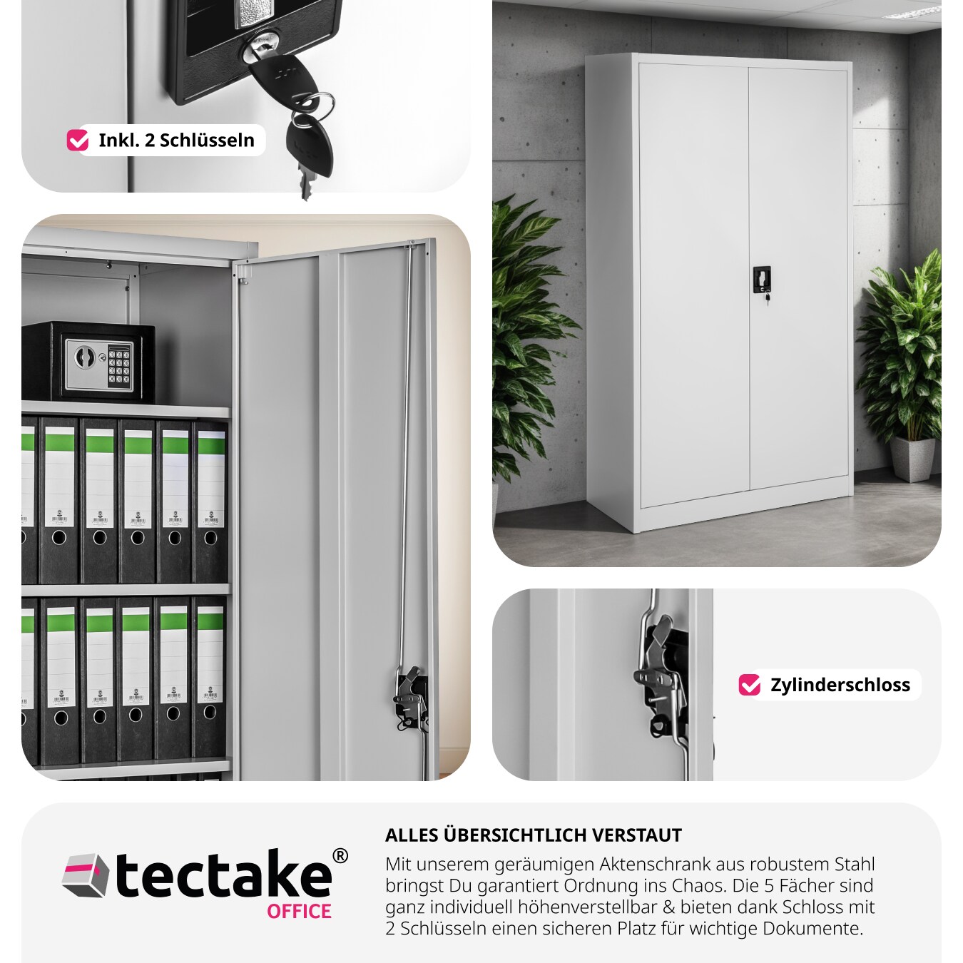 tectake® Aktenschrank, aus pulverbeschichtetem Stahl, 4 höhenverstellbare Einlegeböden, 180 x 90 x 40 cm