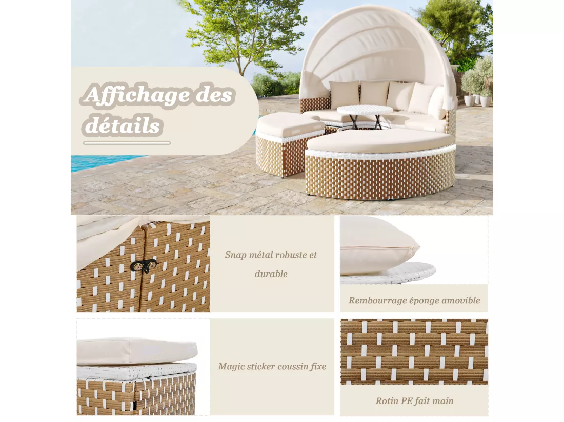 Ensemble de chaises longues de jardin, Sun Island, ensemble table et chaises de jardin, auvent extensible, plateau de table relevable, beige