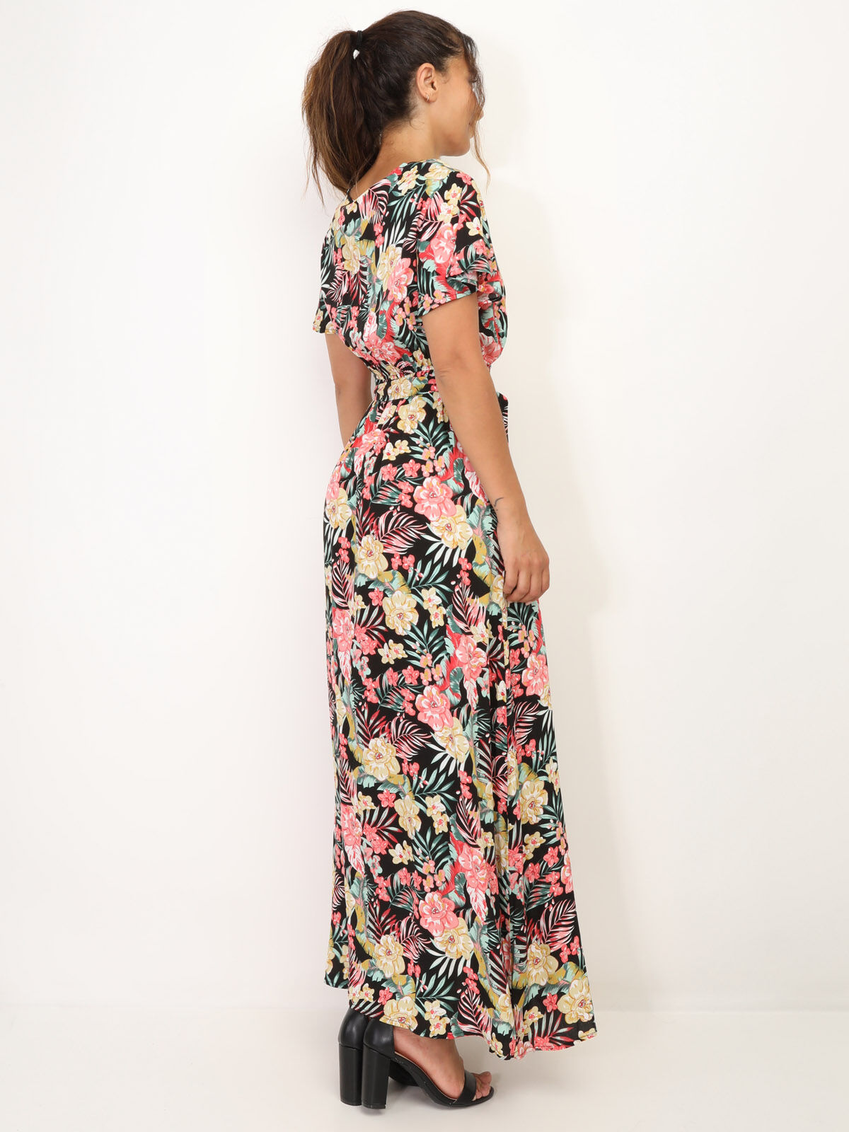Robe style portefeuille à motif fleurs- Noir