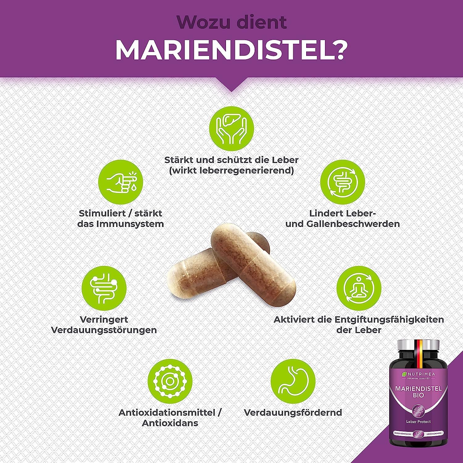 Nutrimea DETOX Mariendistel BIO | Natürlich Leber & Körper entgiften | Reines Mariendistel-Extrakt
