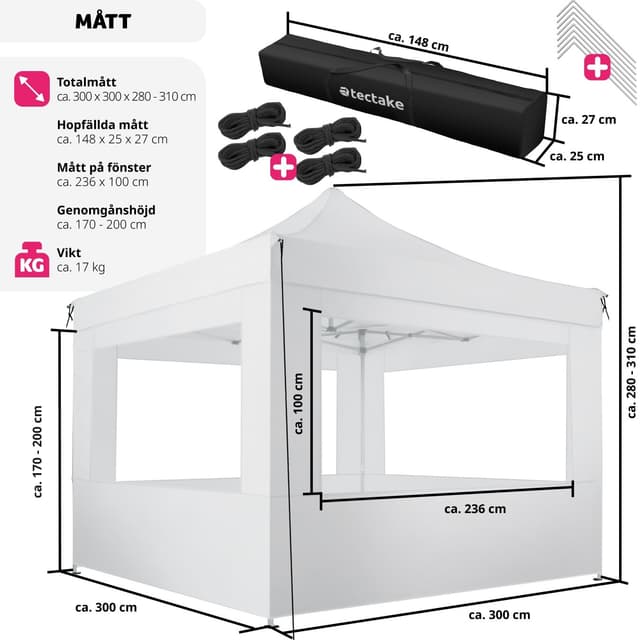 Easy up pavillon Olivia 3x3 m med 4 sidestykker