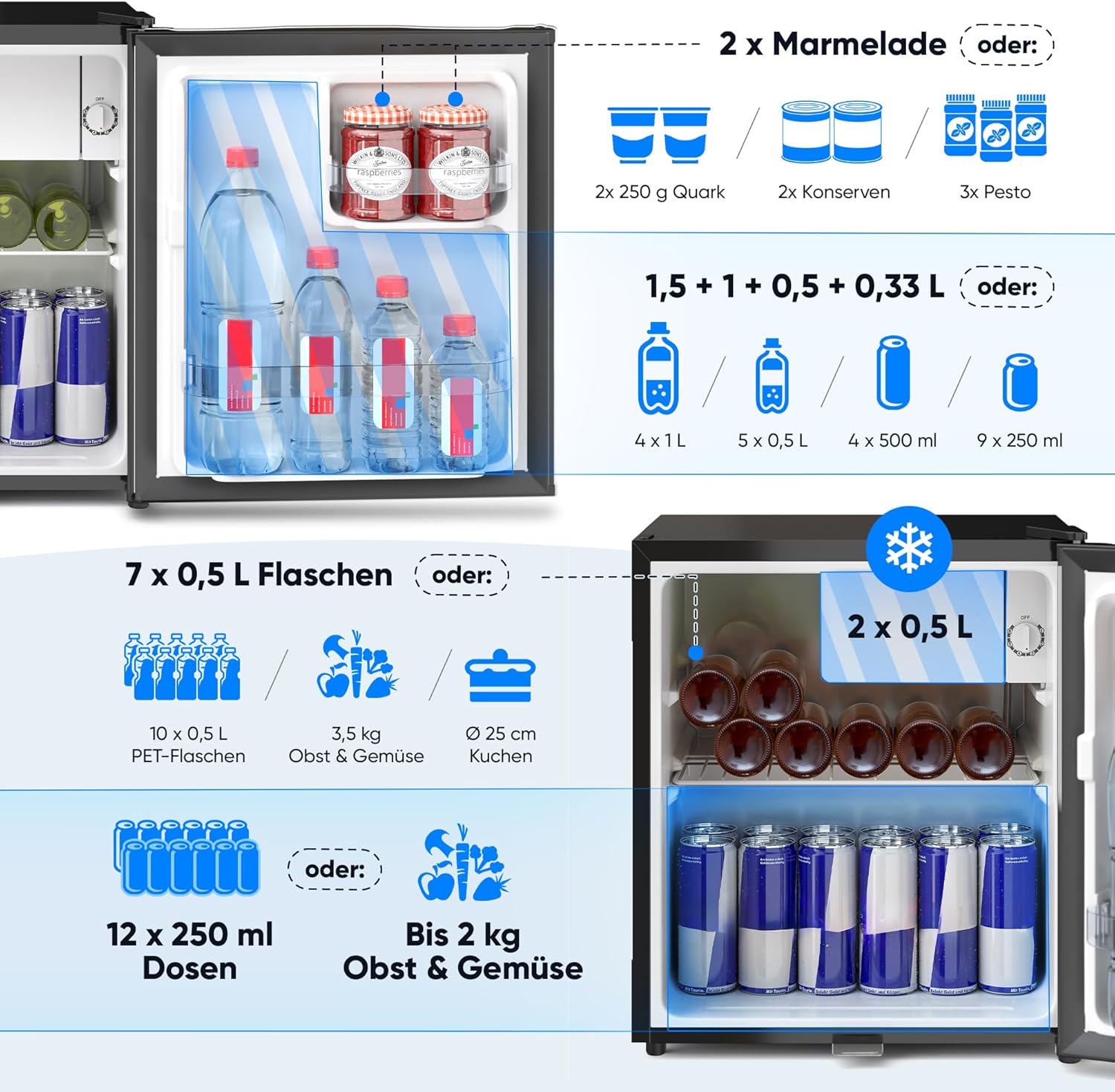 Stillstern Mini Kühlschrank E 45L mit Abtauautomatik, Schloss, Frostfach, Leise, Ideal für Küche, Büro, Schlafzimmer, Hotels und kleine Wohnungen Kühlschrank klein Minibar R600A Getränkekühlschrank