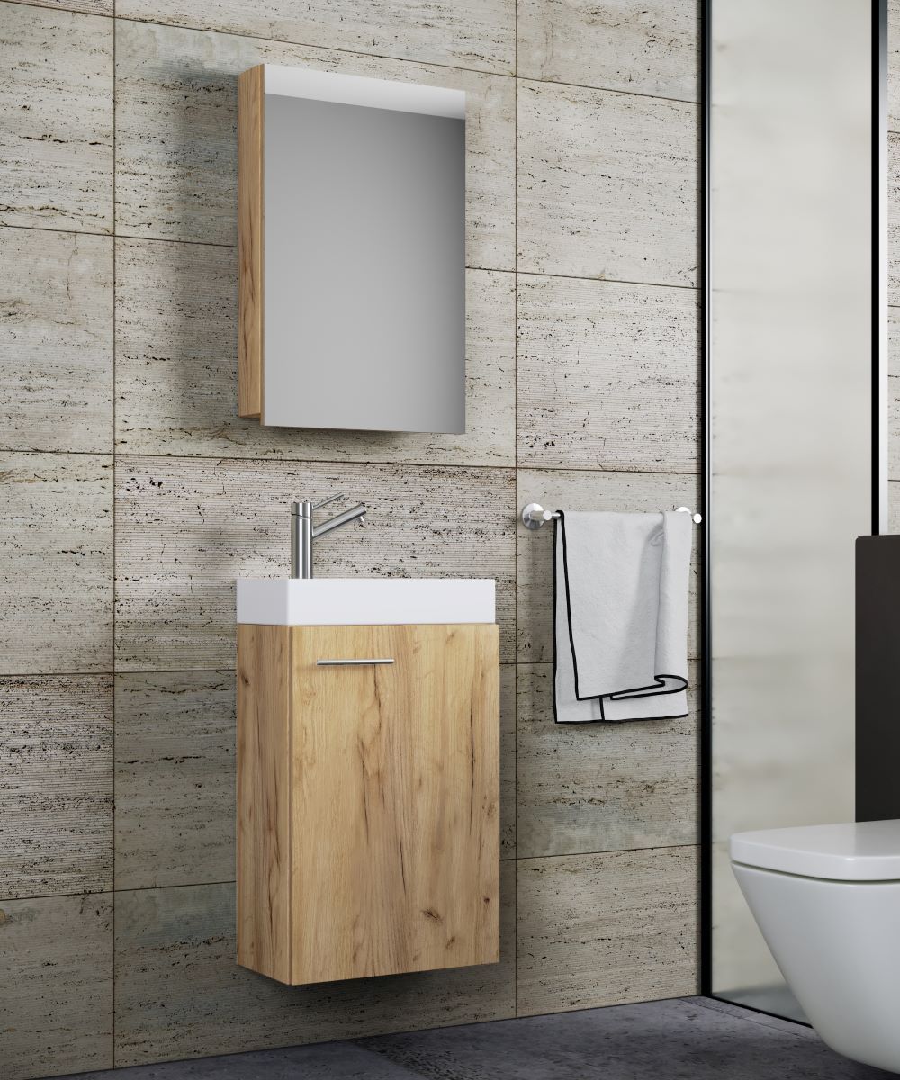 3-teiliges Badmöbel-Set SLITO - Honig Eiche- mit Spiegelschrank