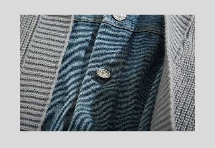 Yelmenor - Geribbeld vest met tweedelige kraag en denim paneel