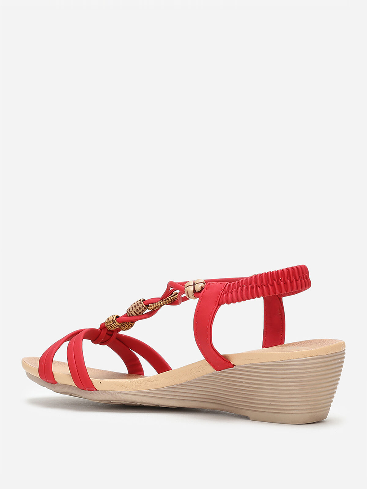 Sandales compensées à perles ethniques- Rouge