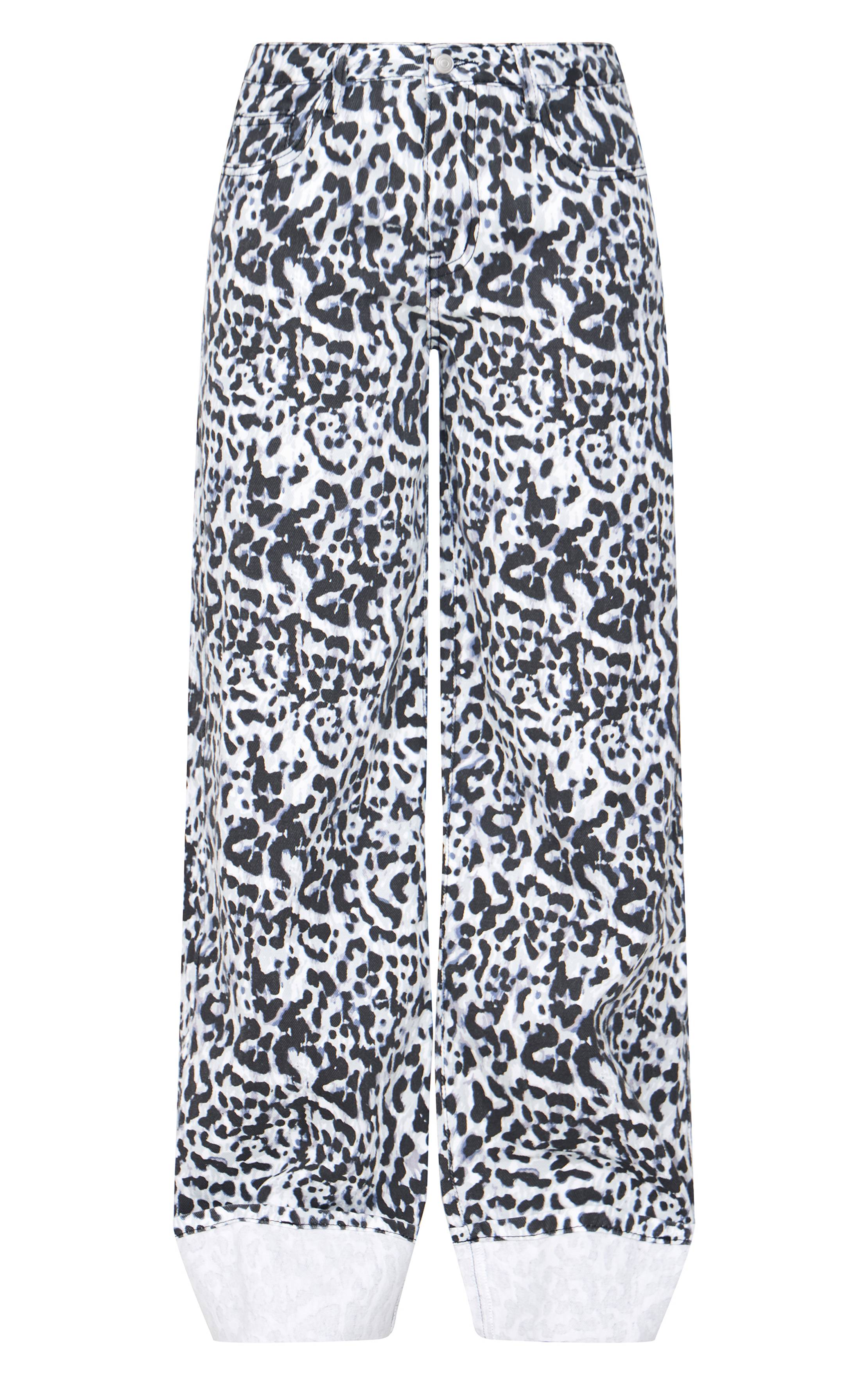Blanc Jean Large À Revers Imprimé Léopard Blanc Et Noir