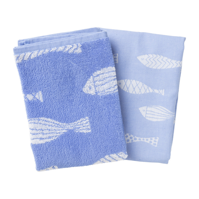 Theedoek vissen - blauw/wit - 50x70 cm