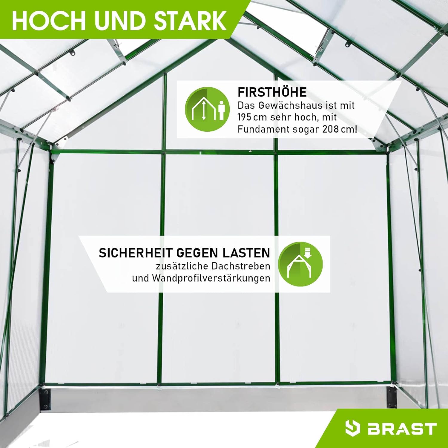 BRAST Gewächshaus Aluminium mit Fundament | 42 Modelle | 130x190x195cm - 490x250x235cm | TÜV geprüft | 6mm Hohlkammerplatten | rostfrei wetterfest temperaturbeständig | 190x190x195cm Grün