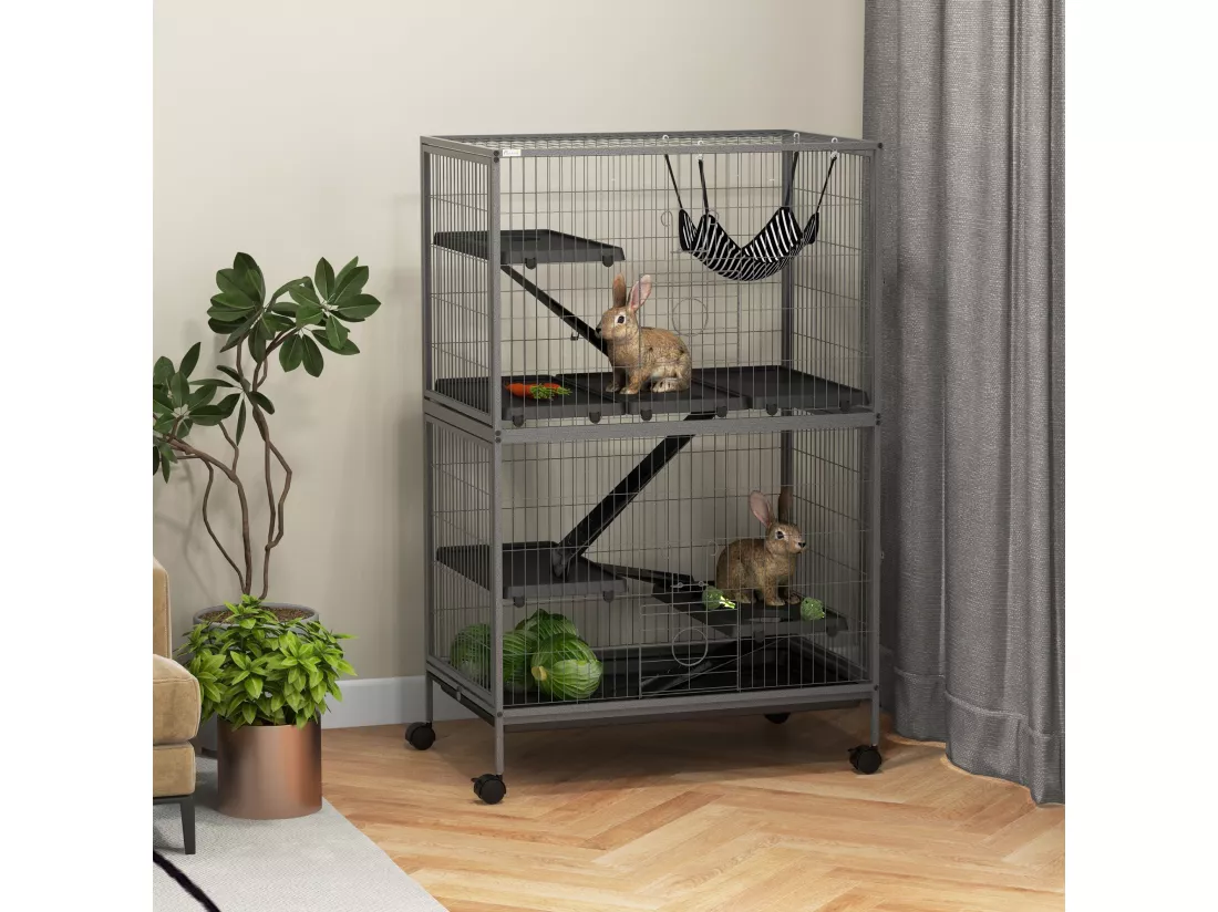 Cage pour rongeurs furet chinchilla 4 plateformes 3 rampes 4 portes hamac plateau acier gris noir